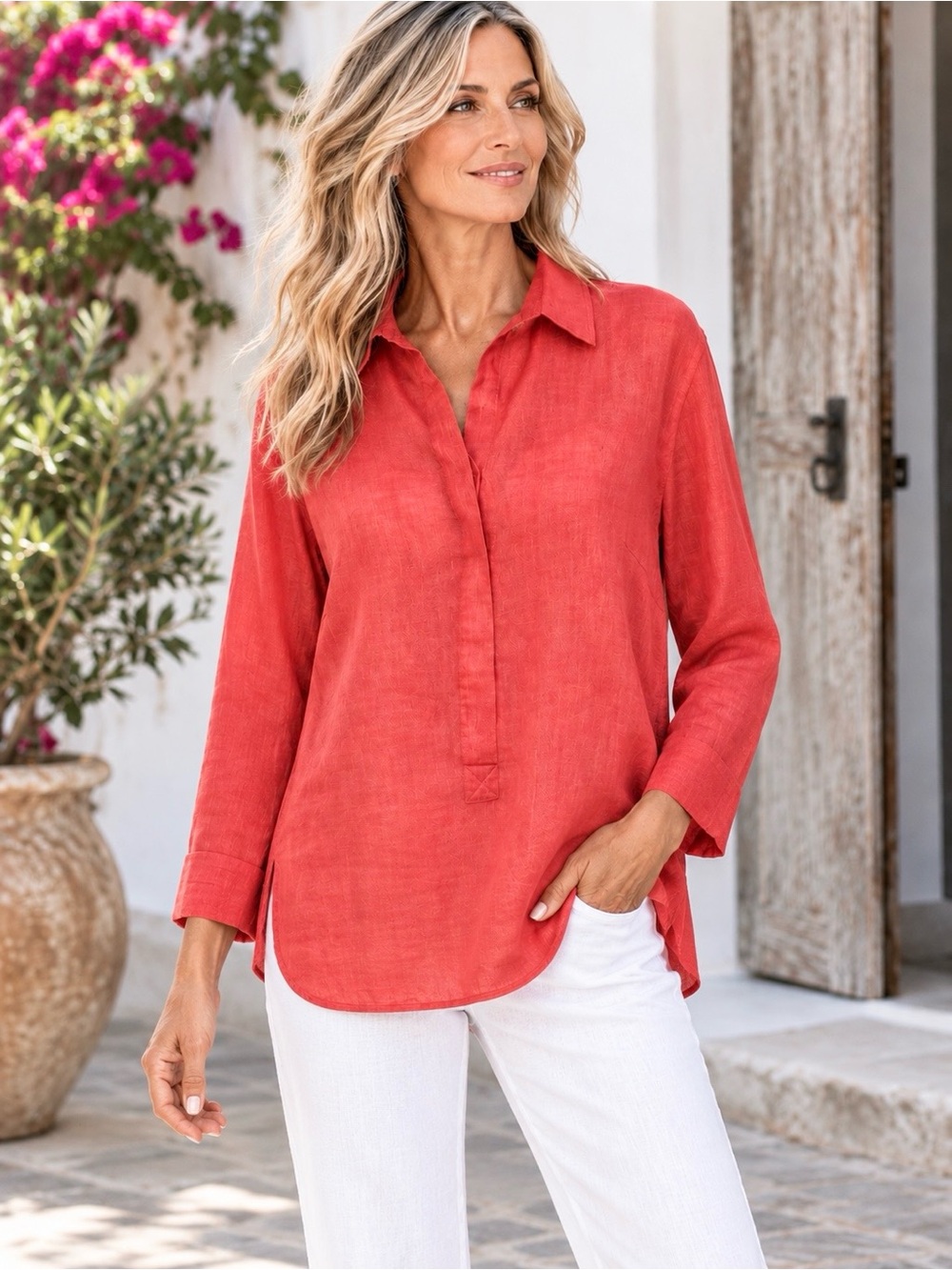 Diane Gilman Collection Coral Linen Blouse Coastal Chic Elevated Casual